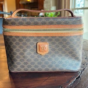 Celine Macadam Canvas Vanity Cosmetic Handbag Tote Pouch Brown Tan Vintage